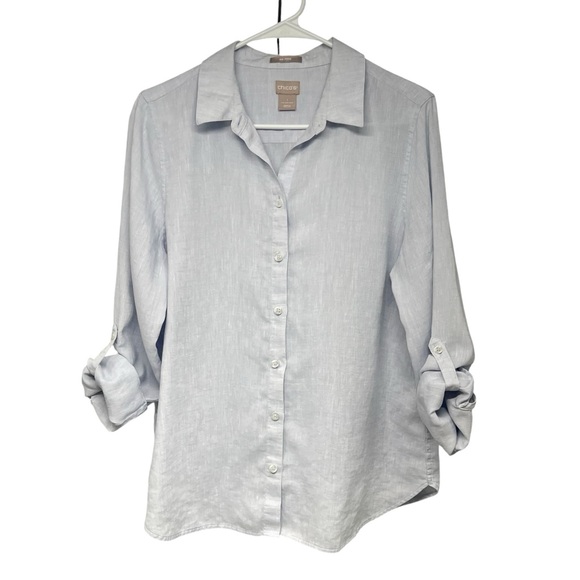 Chico’s No Iron Linen Blue Long Tab Sleeve Button Front Shirt Women’s Medium - Picture 8 of 11